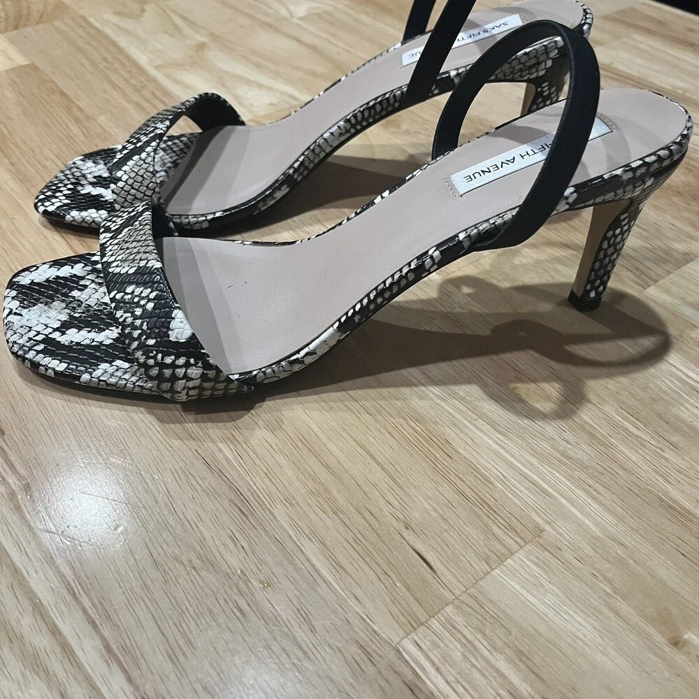 Saks Fifth Ave Women’s Black Snakeskin Leather Strappy Slingback Sandal 9‎